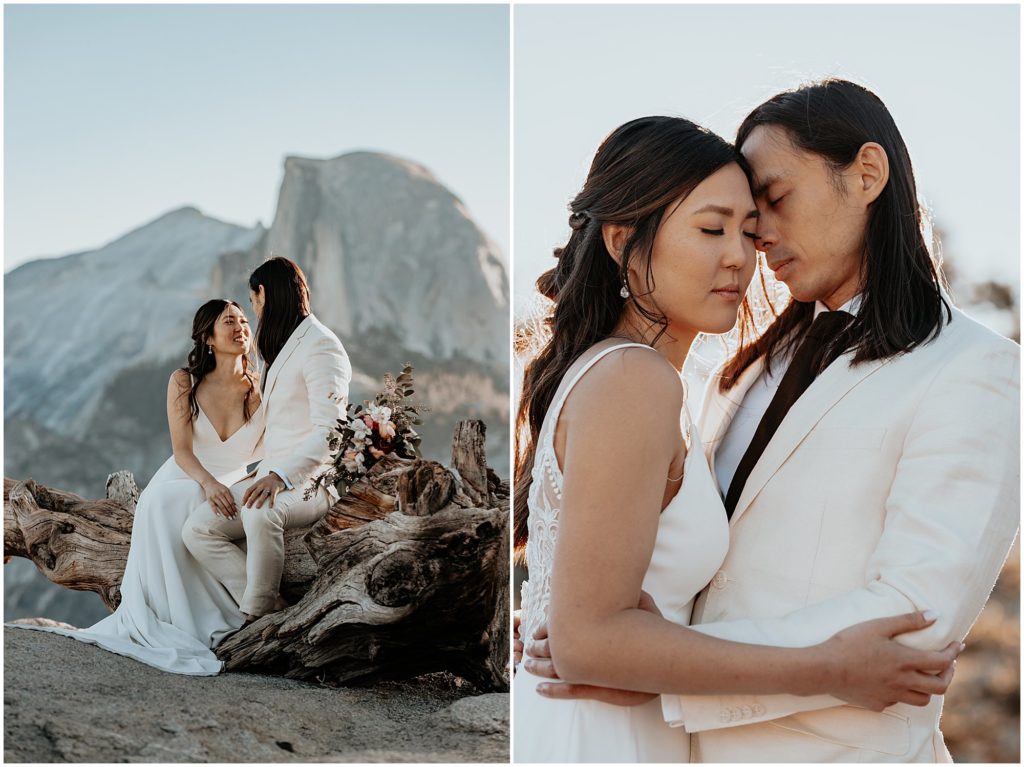 couple poses for portraits with half dome in yosemite for elopement