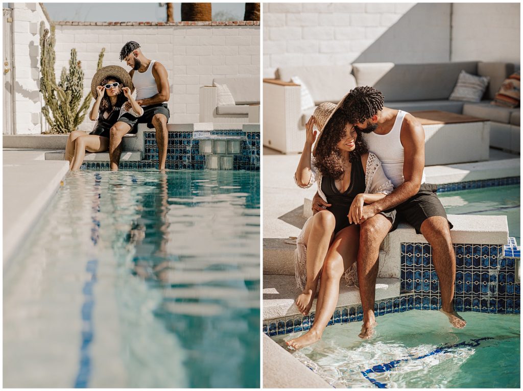 couples poses poolside in Palm springs 