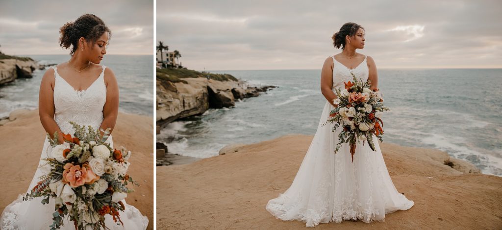 southern california beach wedding photography of bride holding bouquet with ocean behind her
