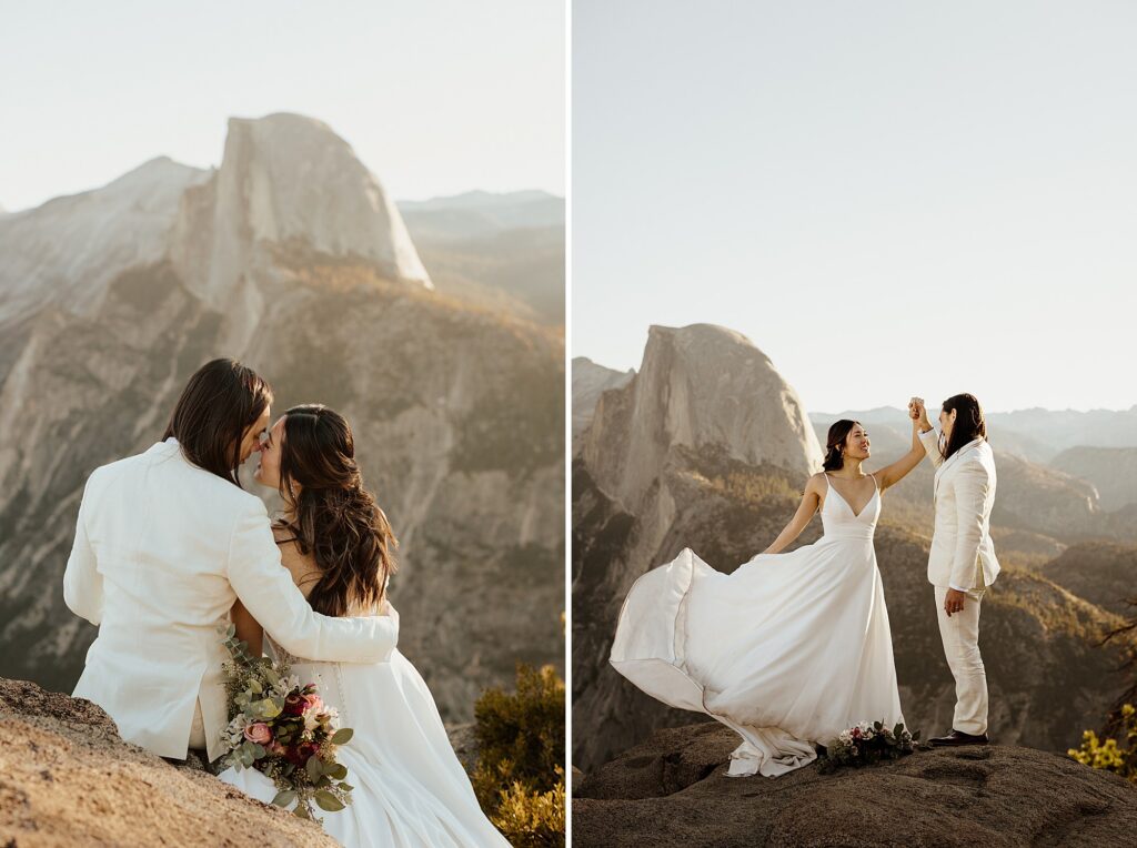 couple poses for for photos when they elope in yosemite
