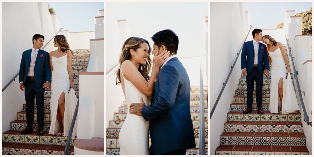 bride and groom pose for wedding photos at oel hanson beach club venue in san clemente
