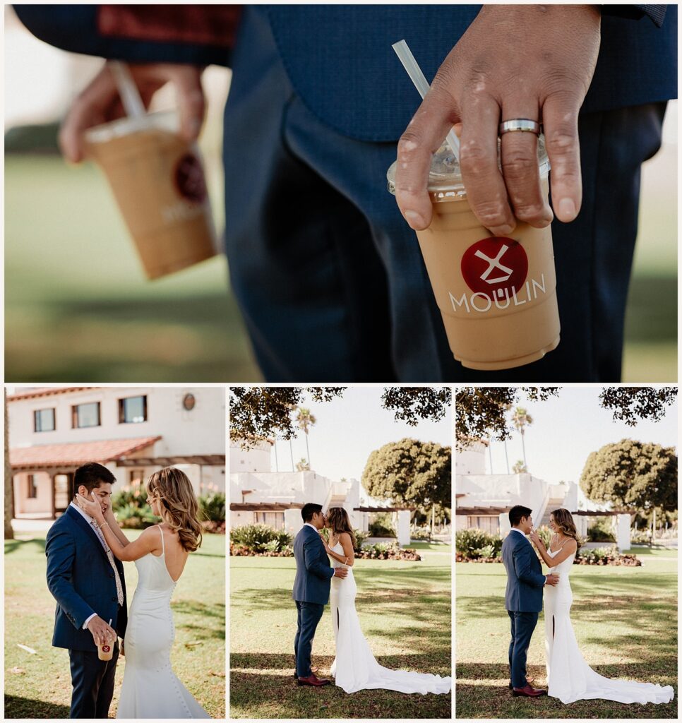 bride and groom first look at ole hanson beach club in san clemente venue